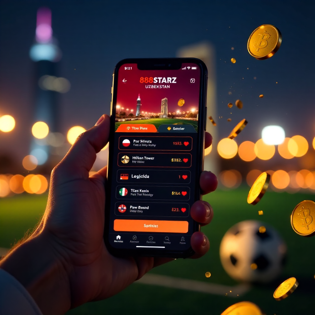 A hand holding a luxury smartphone displaying the official 888starz Uzbekistan app with a sleek red and black interface, background is the Tashkent City skyline and Hilton tower at night with vibrant golden bokeh lights, 3D golden coins and a soccer ball 
